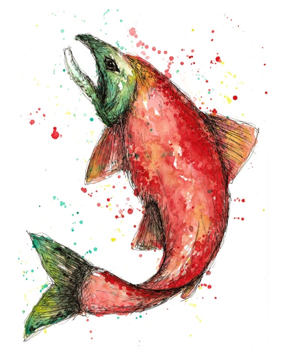 Watercolor of Salmon Printed on Watercolor Paper or Canvas