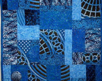Fiber Art Quilted Wall Hanging, The Blues
