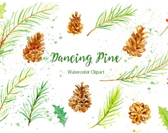 Watercolor Clipart Dancing Pine - pine branches, pine cones, paint splatter and berries for instant download
