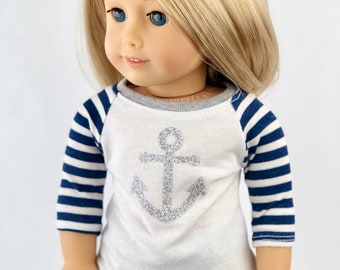 18 Inch Doll American Made Clothes | Glittery Silver Anchor Graphic 3/4 Stripe Sleeve BASEBALL TEE for 18 Inch Doll