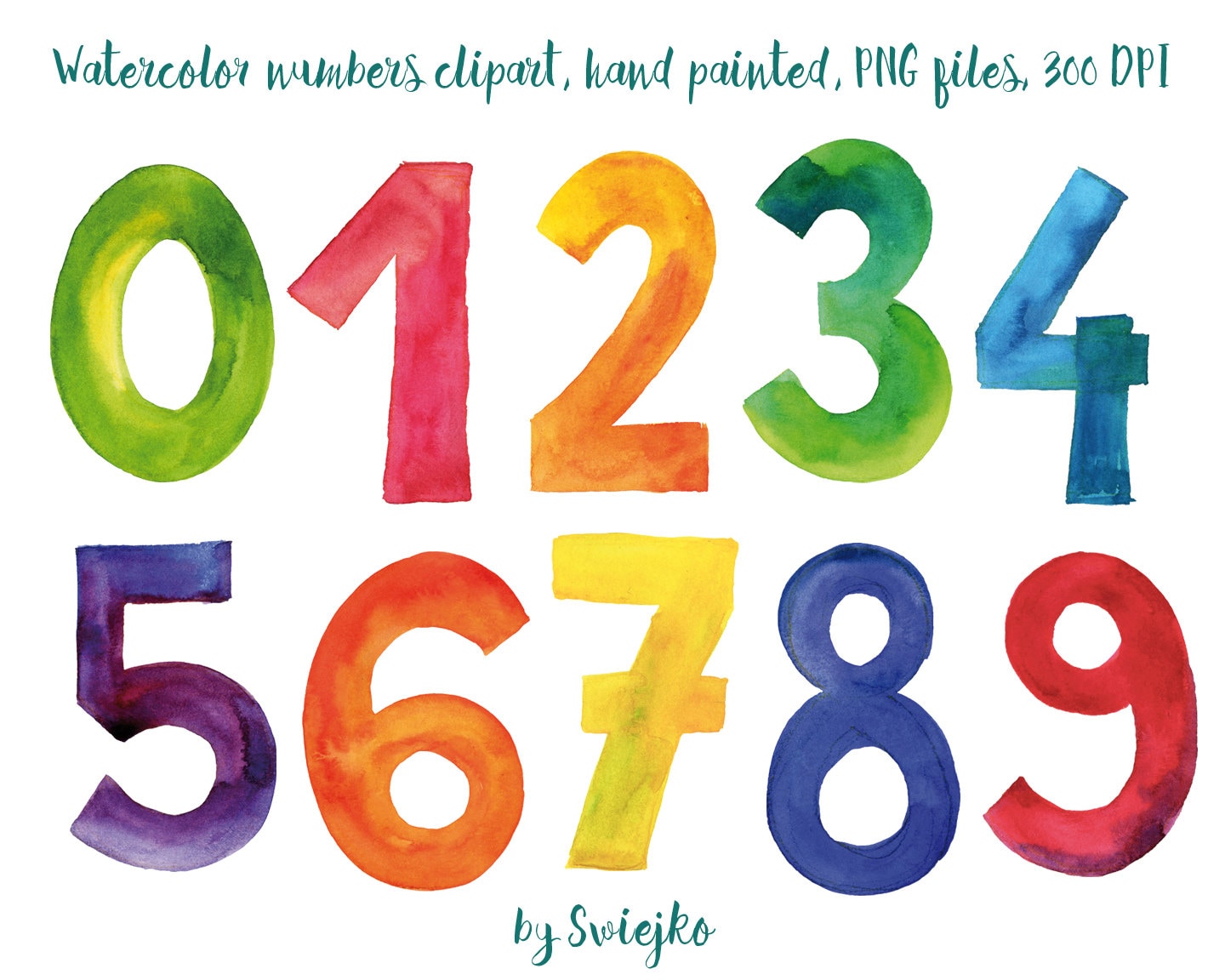 Zahlen Aquarell Clipart bunte Buchstaben Hand bemalt 123