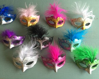 12 OMBRE Mini Mardi Gras Feathered GLITTER MASK party decorations wedding quince favor cupcake topper cake centerpiece scatter napkin ring