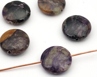 5 pcs charoite lentil beads, opaque purple black, flat round semiprecious stone 16mm