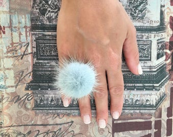 Pale Blue furry ring, Mink pompom ring, Mink finger ring with genuine leather. Real fur ring