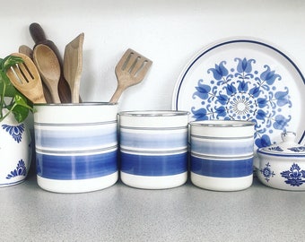 Vintage Enamelware Blue & White Striped Kitchen Cansiters with wooden lids
