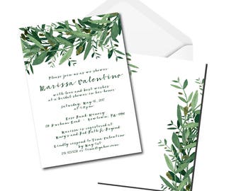 Whimsical Bridal Shower Invitation - Greenery - Olive Leafs - Digital File