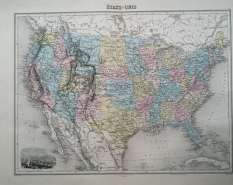 1892 UNITED STATES original antique map, Nouvel Atlas Illustre, French atlas map, Geography, Cartography, Historical Map
