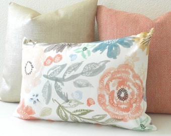 Pink, green, teal and gray watercolor floral decorative pillow cover