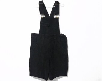 80s Vintage Black Leather Short Overalls