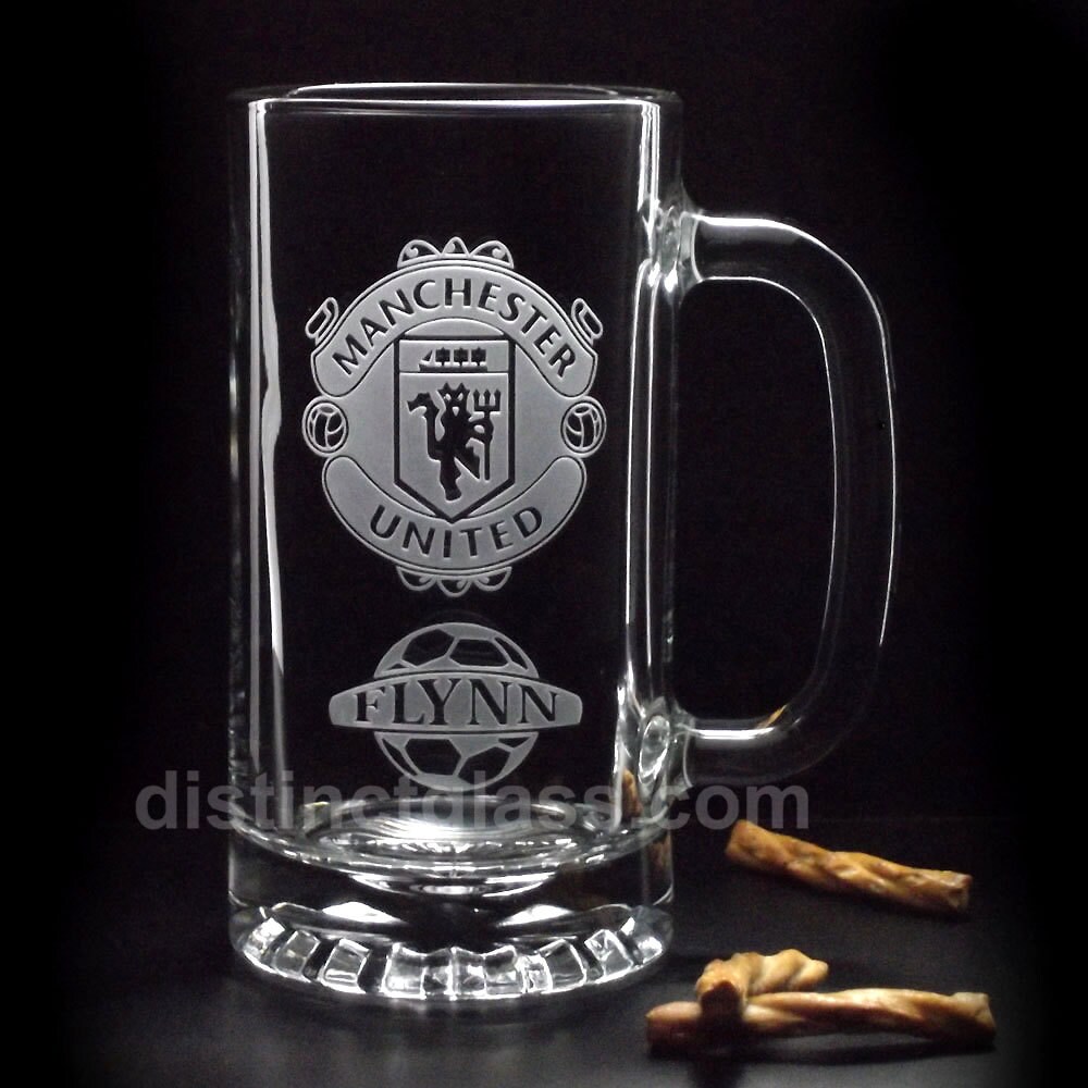 SOCCER BEER MUGS Etched Glass Football Beer Mug Manchester