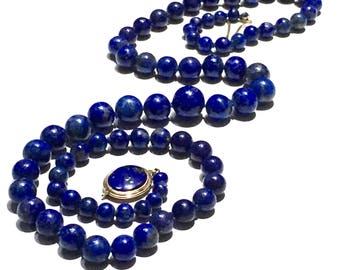 Authentic Antique/Vintage LONG Lapis Lazuli Chinese Necklace 14k solid yellow gold