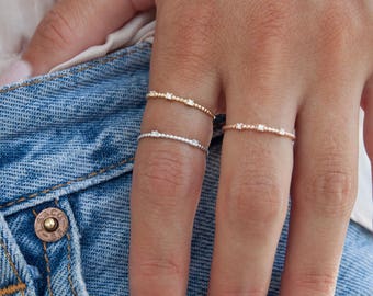 Thin Diamond Ring, Thin Ring, Gold Beaded Ring, Diamond Stacking Ring, Thin Dot Ring with Diamonds, 14k Gold Ring, Dainty Gold Ring