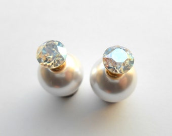 Double sided earrings, White double pearl earrings, Front back earrings