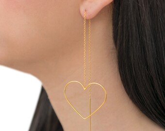 Threader earrings, pull through earrings, mother gift, statement jewelry, heart earrings, unusual earrings, chain earrings gift for women