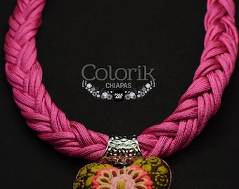 Mexican jewelry, colorful necklace, embroidery heart.