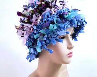 Crazy boho hat crochet hat hats for women funky hat rag hat statement hat cool crazy hat beanie cloche hat shabby chic denim hat