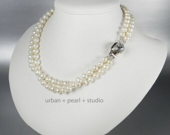 Multi Strand Pearl Necklace Swarovski Crystal Sterling Silver Box Clasp Gift for My Wife Freshwater Pearls Hand Knotted