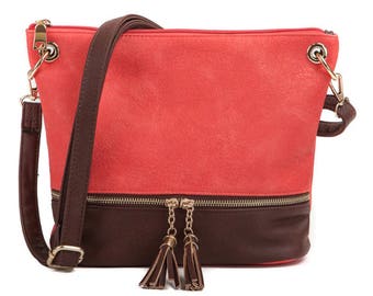 Coral Monogram Crossbody Bag, Leather Purse, Leather Bag, Shoulder Bag, Embroidered Clutch Purse, Preppy Cross body Bag