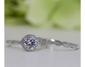 0.50 Ct. Halo Round Cubic Zirconia Engagement Ring Set In Sterling Silver, Engagement Ring Set, Wedding Ring Set | #002