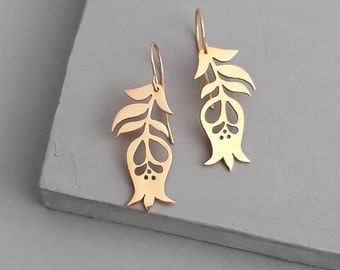 Gold Dangle Earrings - Gold Flower Earrings - Folk Art Inspired