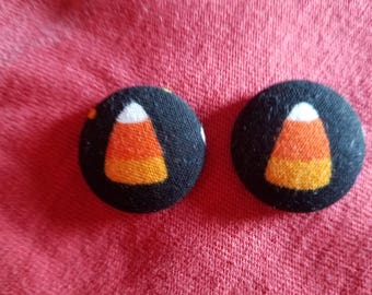 Candy Corn Fabric Button Earrings 7/8 inch diameter - Surgical Steel Hypo-Allergenic Stud or Wire Halloween Earrings