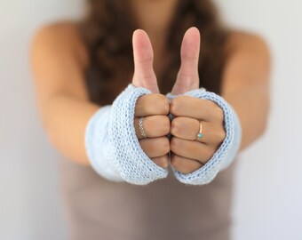 Knitted gloves mittens Light-blue Arm Warmers, Knitted Arm Warmers, Knits for Women