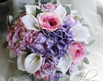 Harmony - Country cottage style wedding bouquet in pink, mauve and white. Hydrangea, garden roses, calla lilies and dusty miller.