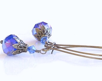 Sapphire Blue Czech Glass Beads Swarovski Crystals Brass Earrings Victorian Earrings Royal Blue Earrings Gift For Her