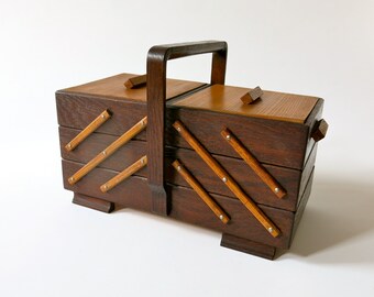 Vintage sewing box - sewing basket - art deco - wooden sewing box - fold out box - german sewing box - craft box - two tone wood - R0301