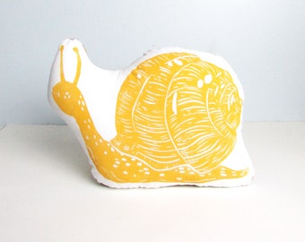 Snail Shaped Animal pillow. Snail Plushie. Woodblock Printed. Choose any Color. Made to Order.