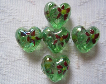 4 Christmas Green & Red AB Flower Puffed Hearts Lampwork Beads 22mm