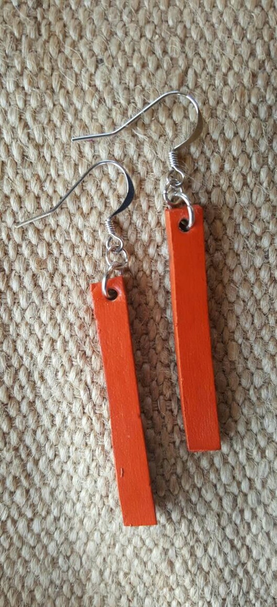 Ladies Orange Lightweight Leather Dangle Earring Set - Silver Shepherd Hooks ~ Hand Dyed Leather Earrings - Canadian Leather Jewelry