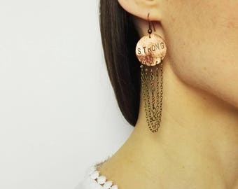 long personalized copper earrings, stay strong, motivational jewelry