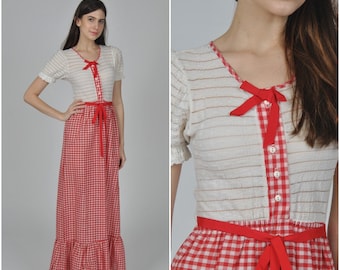 1970s does 1930s Gingham Maxi dress | vintage 1970s 1930s dress | red white cotton gingham 70s 30s dress