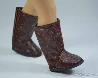 BOOTS in BROWN EMBOSSED Faux Leather Cowgirl or Cowboy or Western style for American Girl or 18 " Doll