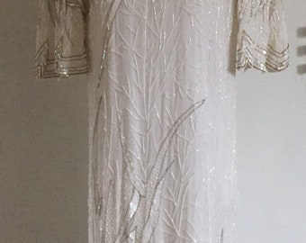 Vintage Judith Ann Creations White Gold Sequin Beaded Silk Dress