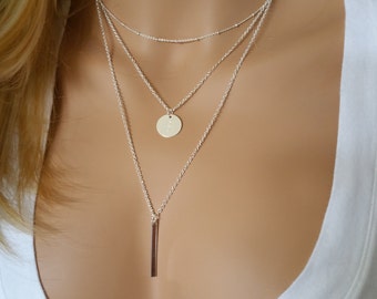 Monogram Silver Layering Necklace, Layered Necklace Set of Three Bar Necklace, Stacked Necklace, Layer Necklace Skinny Bar Necklace Disc 031