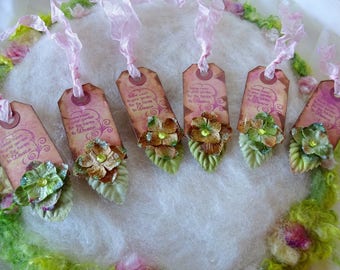Gift Tags 6 Hand Stamped Rustic Fairytale Gift Tags, Rayon Ribbon, Hydrangea Blossoms Leave Room in Your Garden for the Fairies to Dance