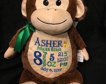 Personalized stuffed animal baby announcement birth announcement stuffed animal baby gift photo prop monogrammed baby gift plush monkey