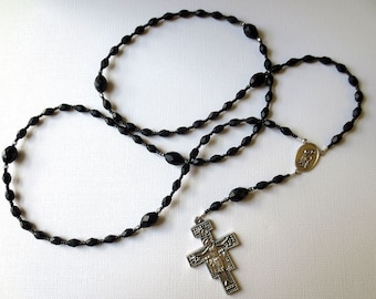 Black Franciscan Crown Rosary with Saint Francis/ Saint Anthony Center and San Damiano Cross with Peace Prayer