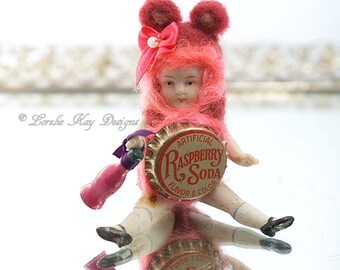 Raspberry Soda Pop Bear Needle Felted Doll Anthropomorphic Art Doll German Doll Parts Dollhouse Doll Lorelie Kay Original