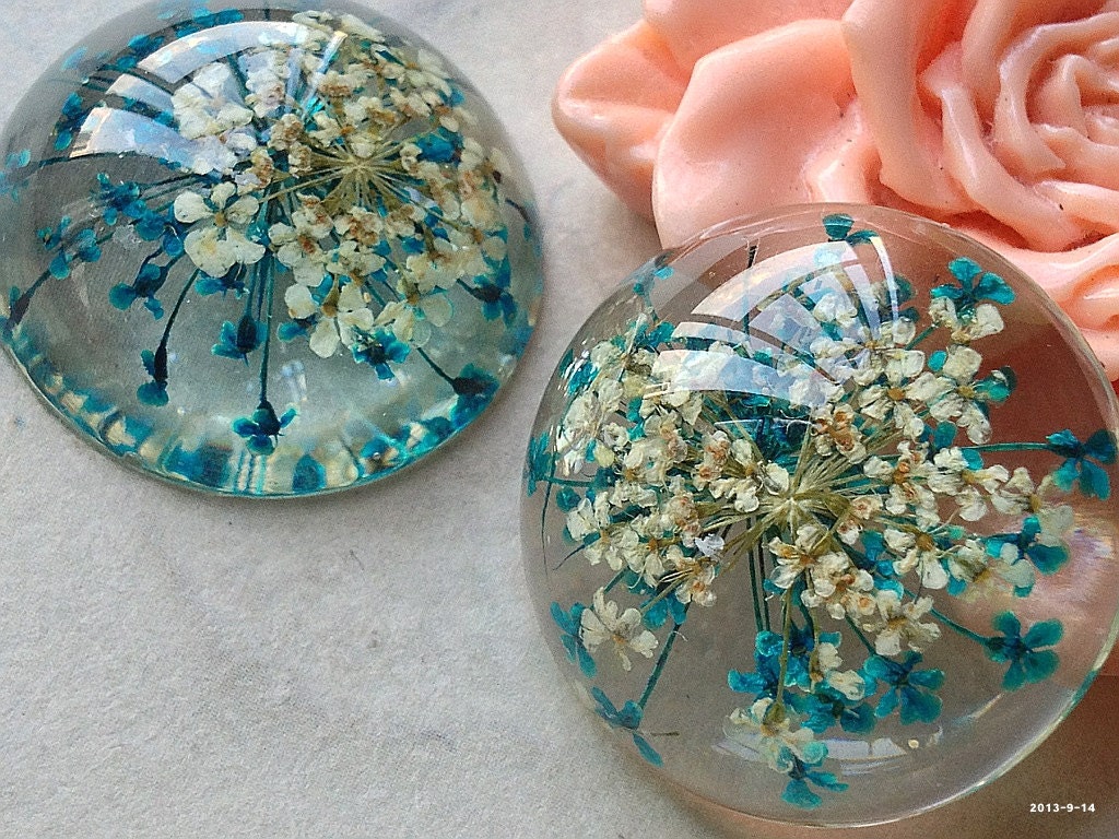 25 mm Round Shape Blue Dried Flowers Flat Back Resin Cabochons