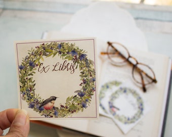 spring wreath bookplates - robin book plates - Ex Libris - floral bookplate stickers - bird bookplate - bookworm for her - custom book plate
