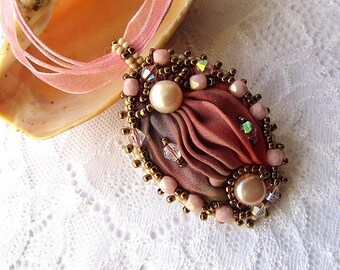 Pink Shibori Necklace Beaded Embroidered Necklace Shibori Silk Ribbon Pendant OOAK Jewelry Ready to ship