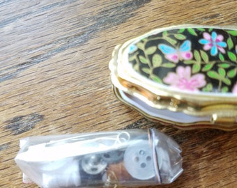 Vintage tiny travel sewing kit inside a gold case with butterfly and floral picture, mini sewing kit, mini flower sewing box