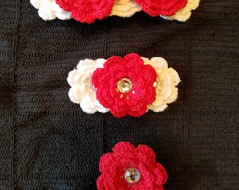 Crochet flower barrettes set of 3 Valentine's Day