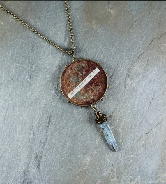 Boho Chic ~ Rustic Romantic ~ Enamel and Blue Kyanite Crystal necklace