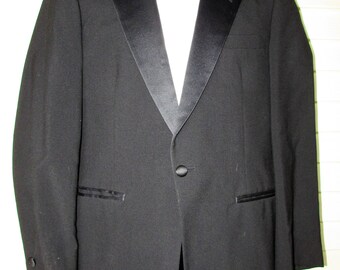 Vintage Tuxedo Jacket Blazer 1980s After Six Black Wool Satin Lapel Hipster Suit Coat 38R