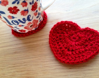 Pair of heart shaped crochet coasters tea cup coffee cup