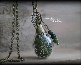 Antique bronze vials necklace with dried twigs and moss agate beads